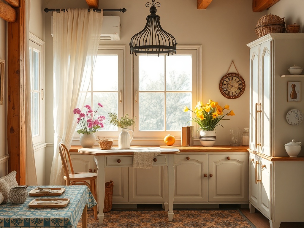 Светлая кухня с деревянными элементами, цветами на столе и уютной атмосферой.