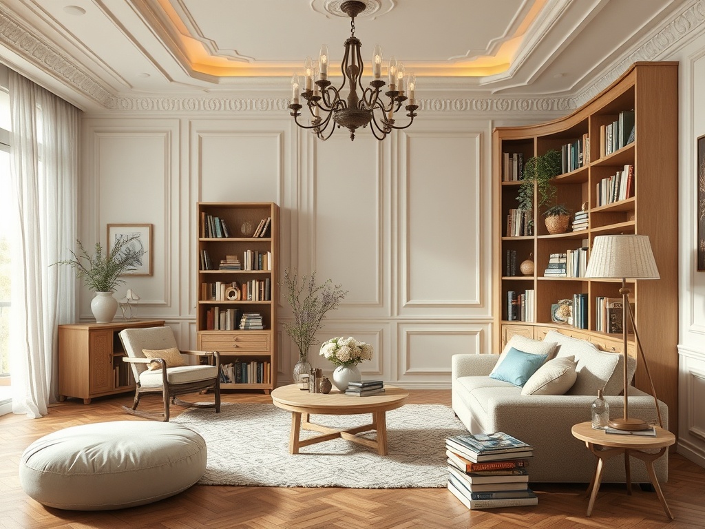 Светлая уютная гостиная с мебелью, книжными полками и круглым столиком на ковре.