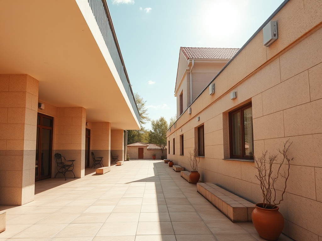 Современный ансамбль зданий с открытой террасой и патио, окружающий солнечное пространство.