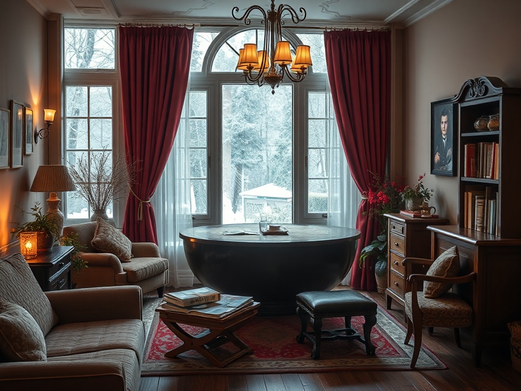 Уютная гостиная с большим окном, зимний пейзаж, мебель в классическом стиле, книги и уютный свет.