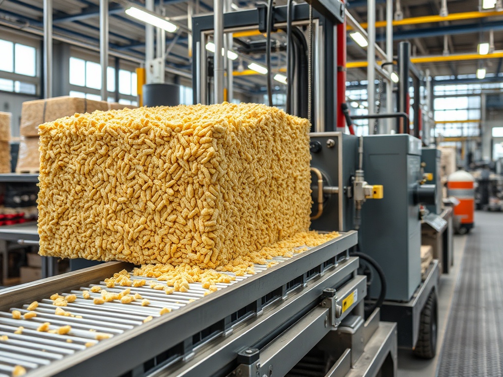 На конвейере находится большой квадратный блок сыпучих продуктов в производственном помещении.