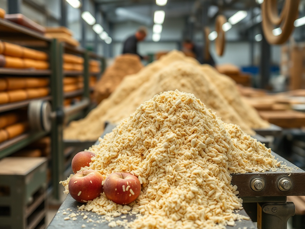 На переднем плане гора столбиков муки и несколько яблок на столе в производственном помещении.