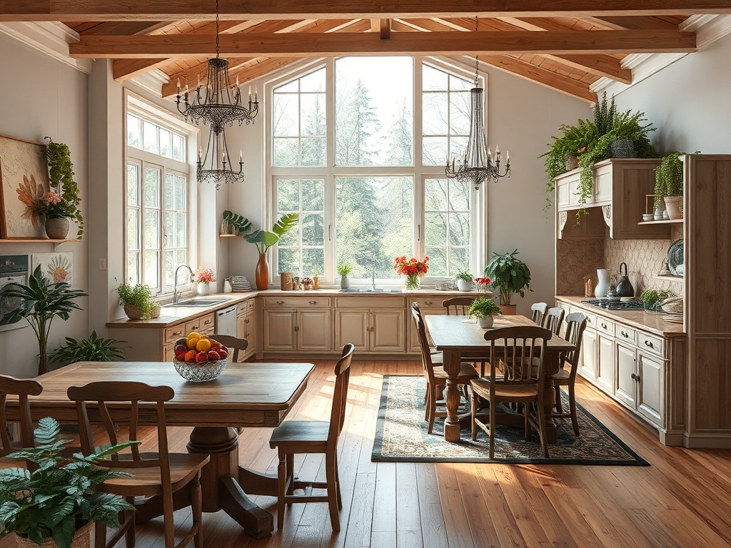 Светлая кухня с деревянными фасадами, большими окнами и растениями, уютная обстановка для семейных встреч.