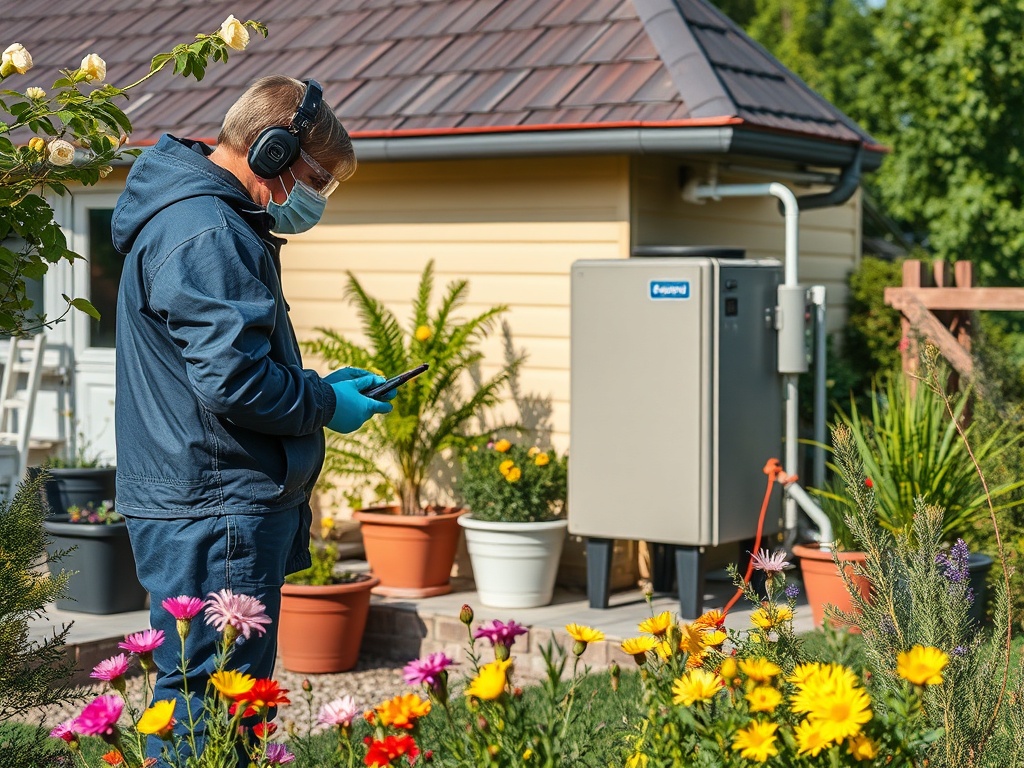 Мужчина в маске и наушниках стоит среди цветов, используя планшет возле дома и электрического оборудования.