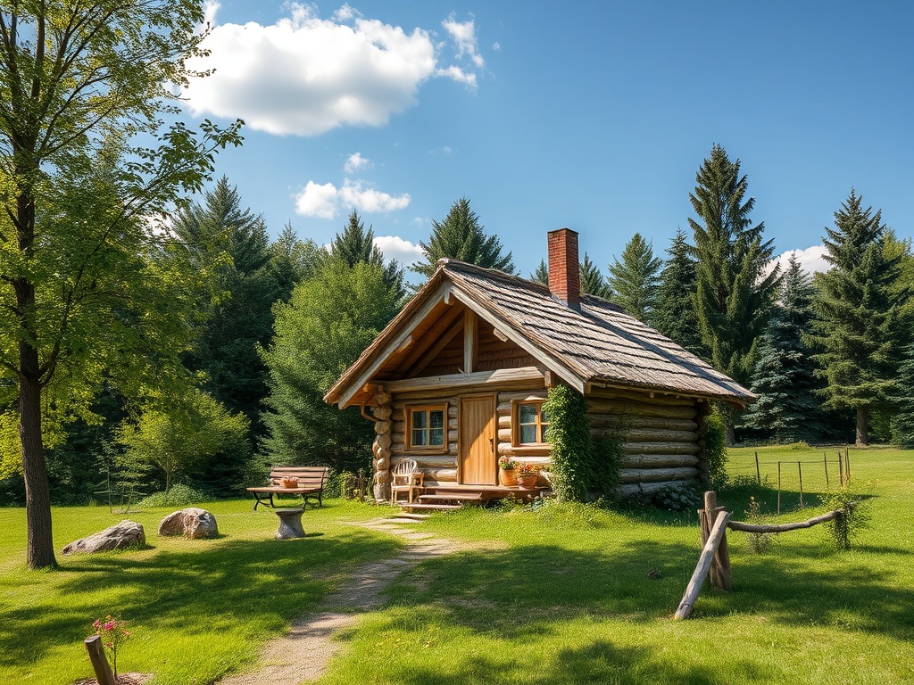 Деревянный домик в окружении зелени и деревьев под ясным голубым небом. Спокойное и живописное место.