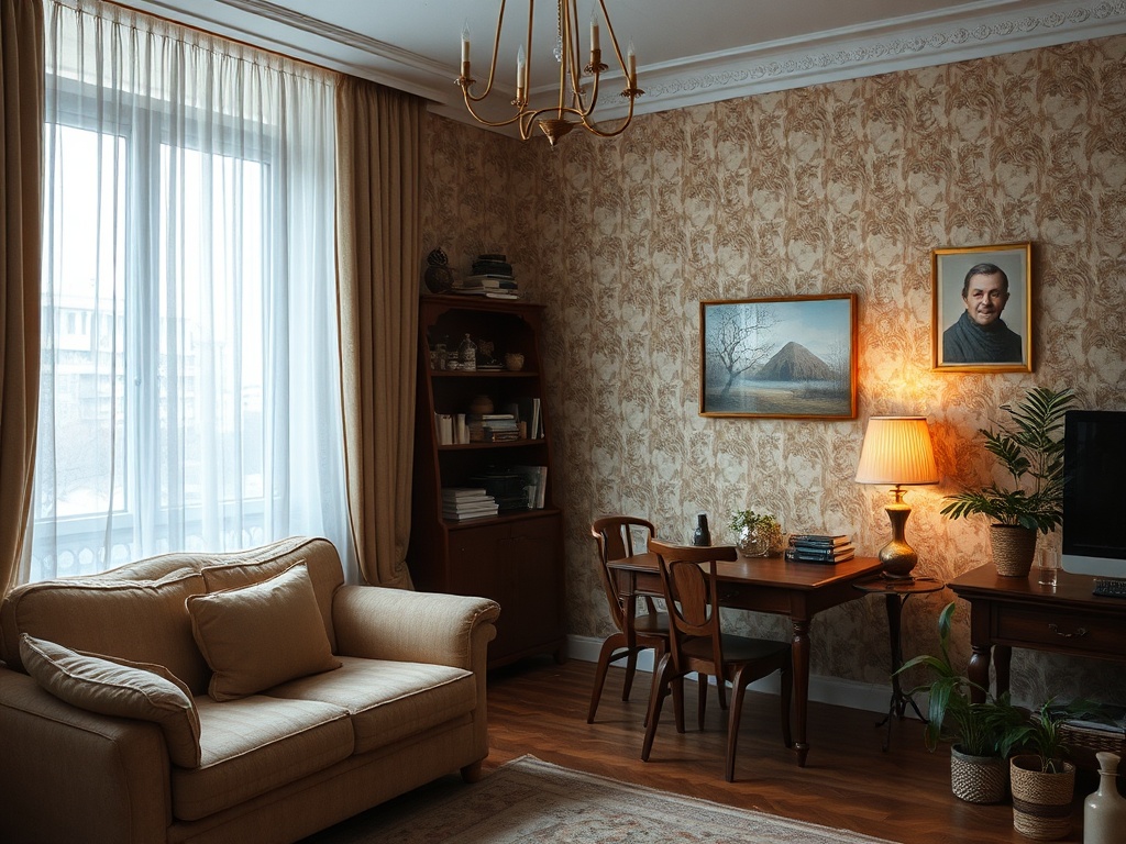 Уютная комната с диваном, столом, растениями и картинами на стенах рядом с большим окном.