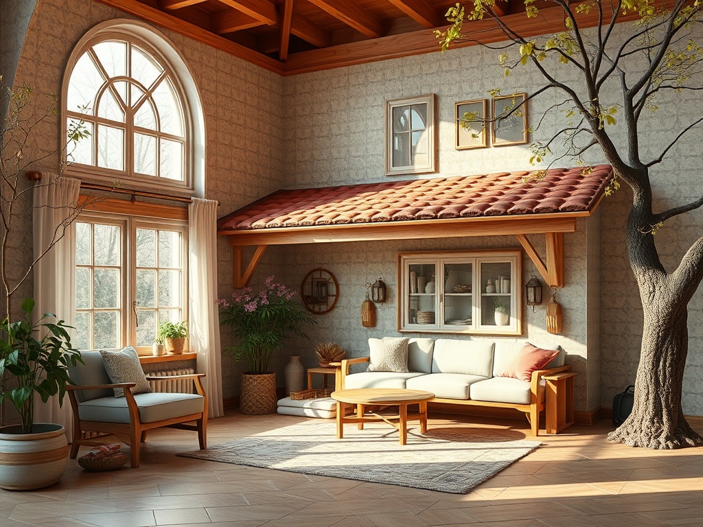 Светлая комната с большими окнами, уютной мебелью и растениями, деревом у стены и мягким светом.