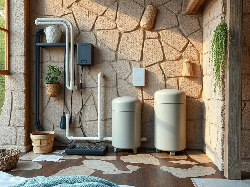 Современный интерьер с серыми мусорными баками, зелеными растениями и стенами из натурального камня.