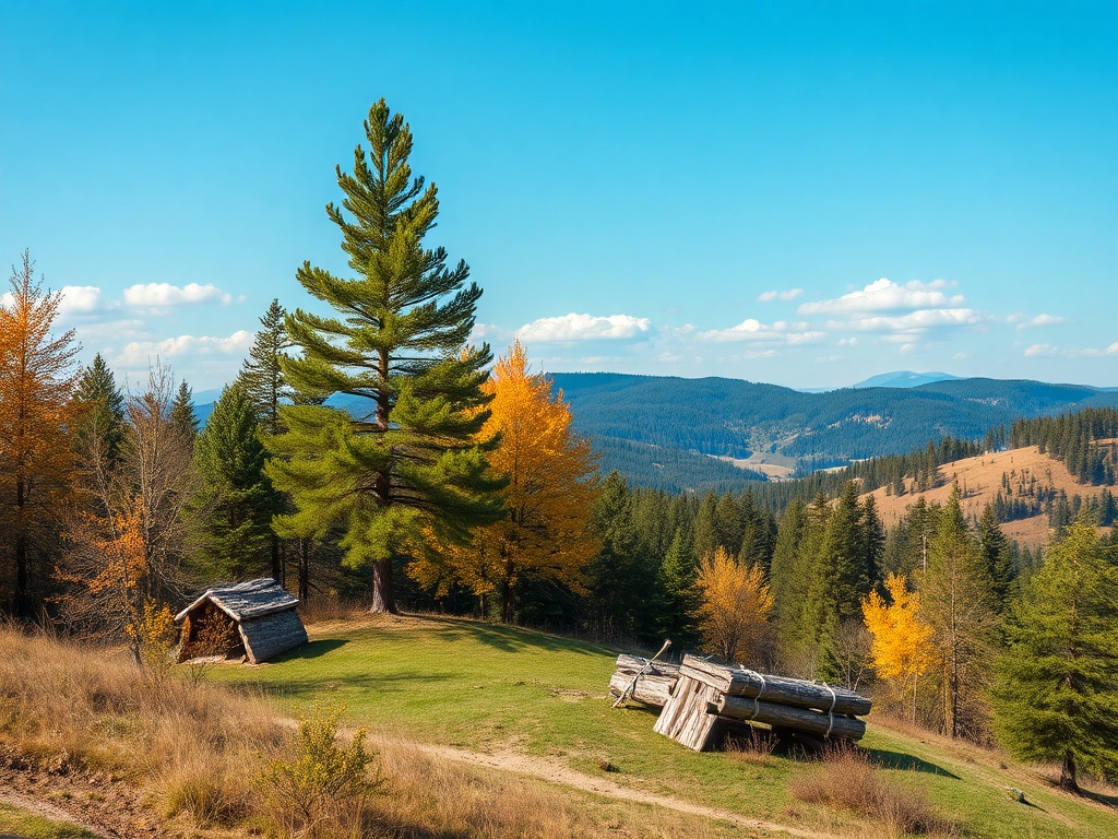 Осень в лесу: высокие ели, деревянная хижина и старые бревна на фоне гористого пейзажа. Синие небеса.
