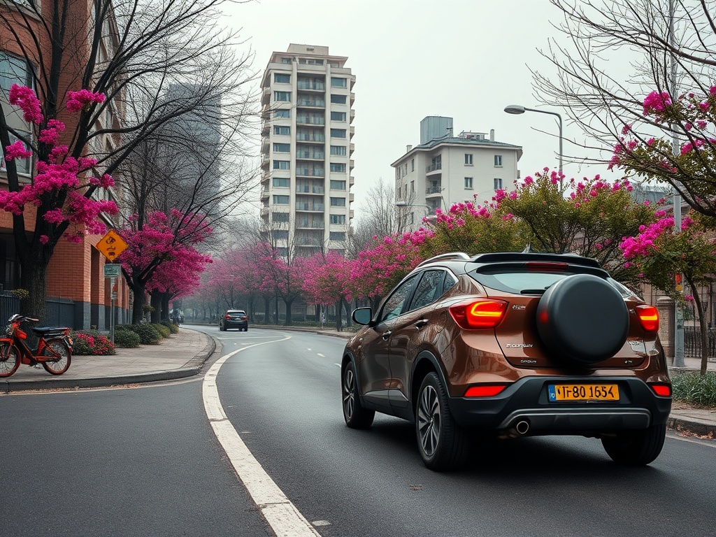 На улице с цветущими деревьями стоит внедорожник, вокруг здания и туман. Спокойный городской пейзаж.