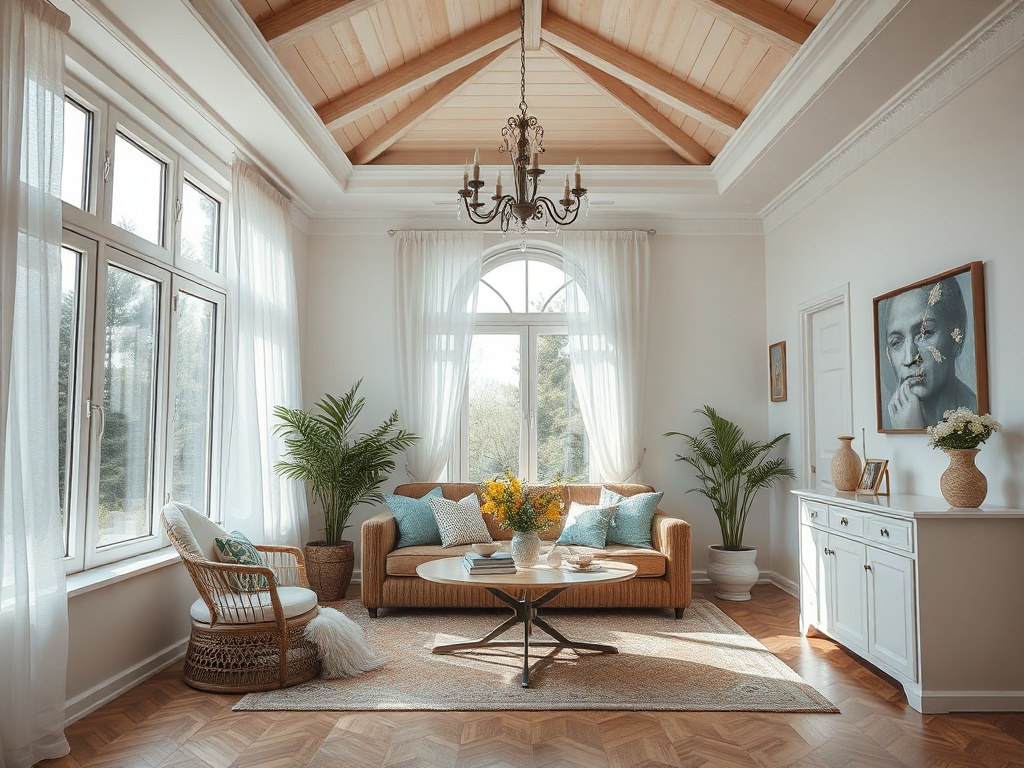 Светлая гостиная с высоким потолком, мягкой мебелью и зелеными растениями, уютная атмосфера.