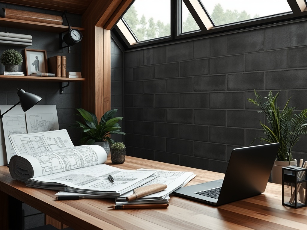 Современный рабочий кабинет с чертежами, растениями и ноутбуком на деревянном столе.