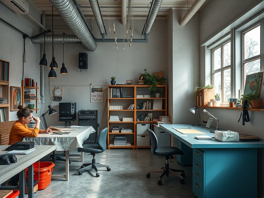 Современный офис с рабочими столами, растениями и женщиной, занимающейся учёбой или работой.