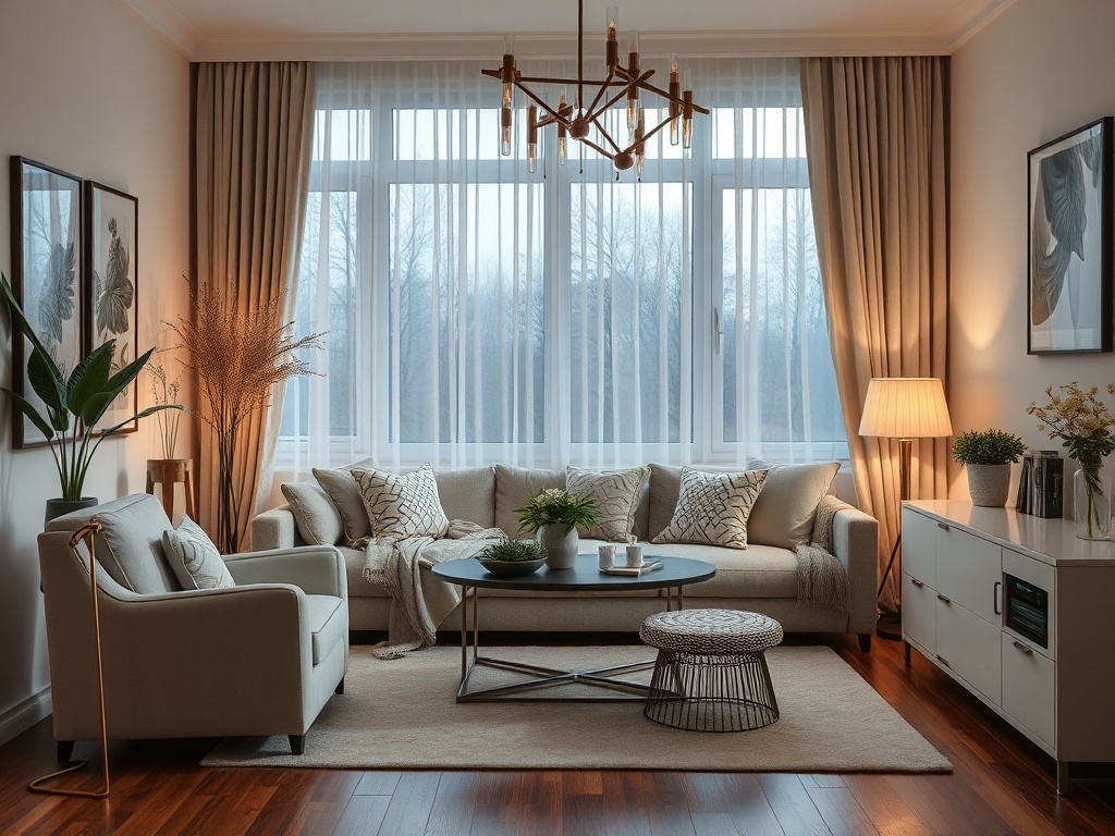 Современный уютный интерьер с диваном, столиком и большими окнами, наполненными светом.