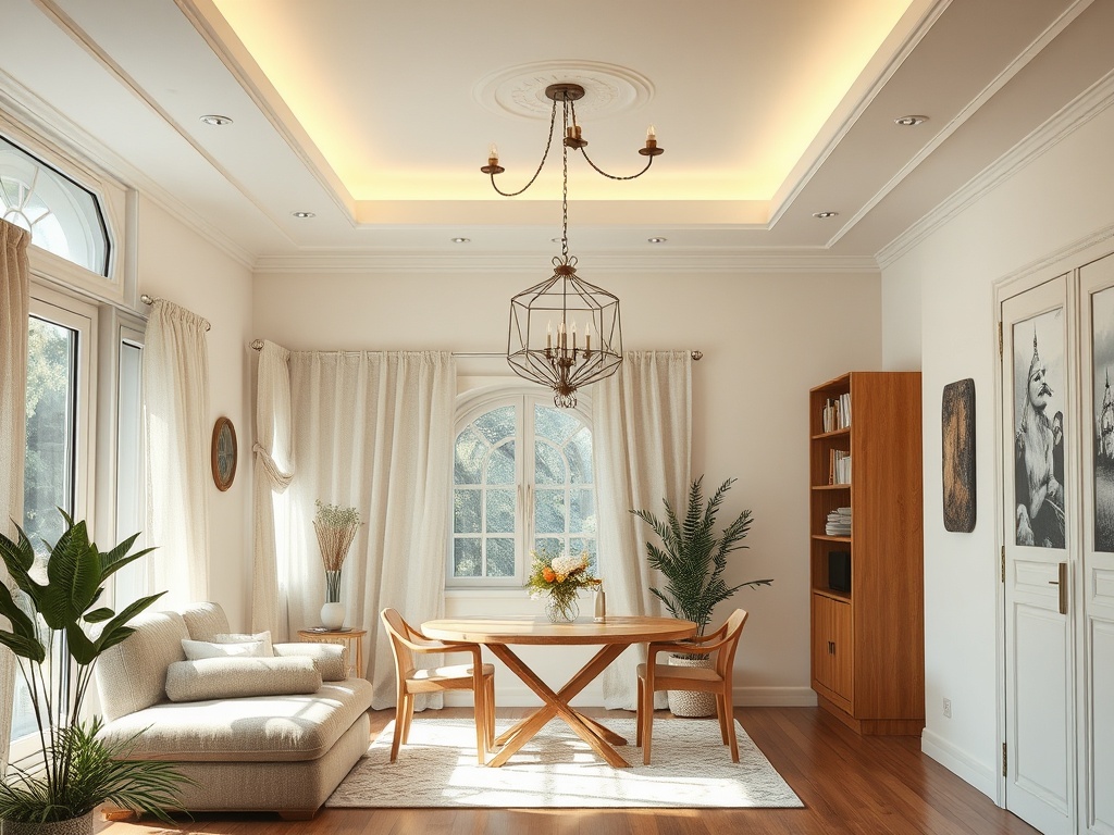 Светлая гостиная с диваном, столом и растениями. Мягкое освещение создает уютную атмосферу.