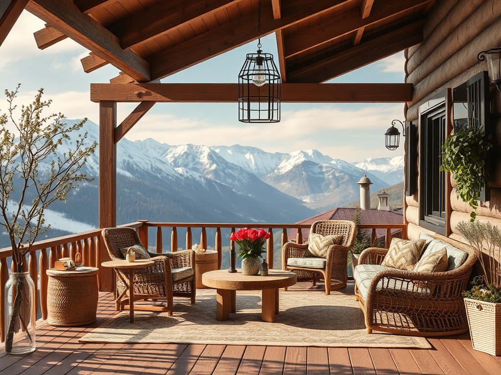 Уютная терраса с плетеной мебелью, цветами и панорамным видом на горы. Идеально для отдыха на природе.