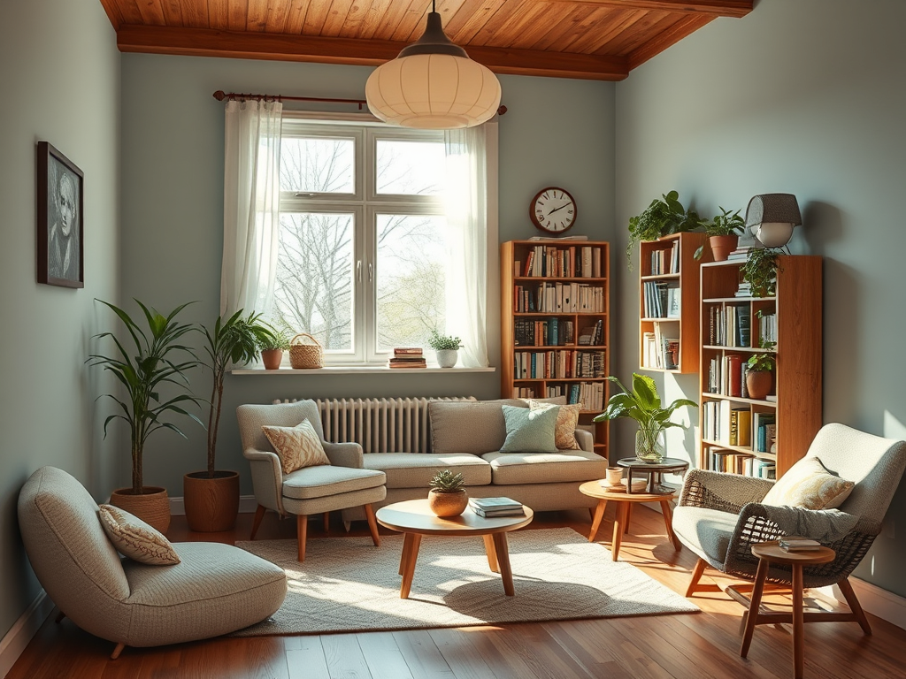 Уютная гостиная с растениями, книгами и совремFurniture, большие окна и деревянный потолок.