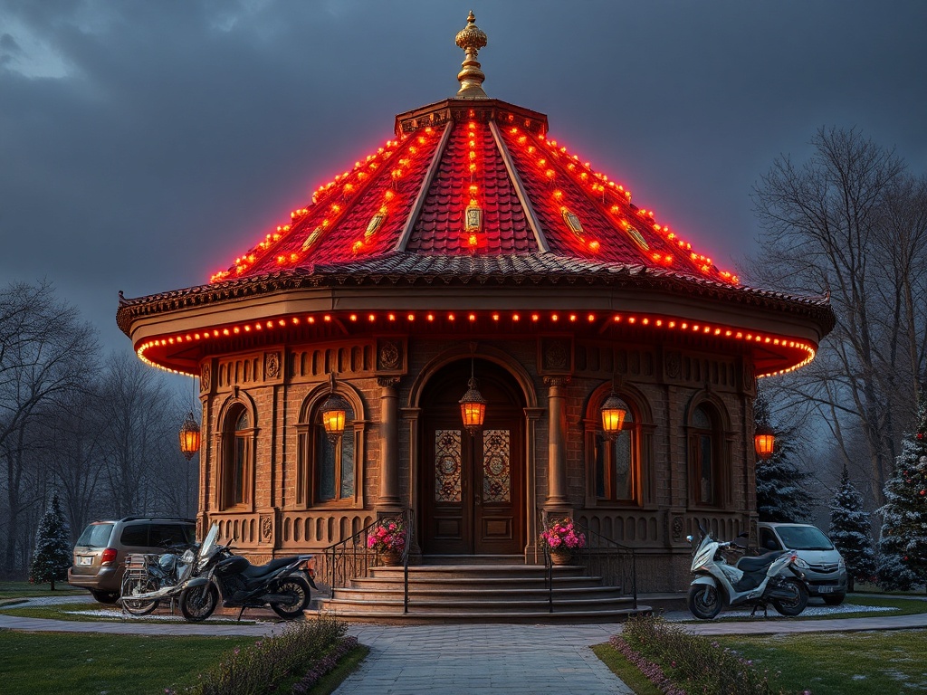 Красивая круглогодичная постройка с яркими огнями, расположенная в живописном окружении.