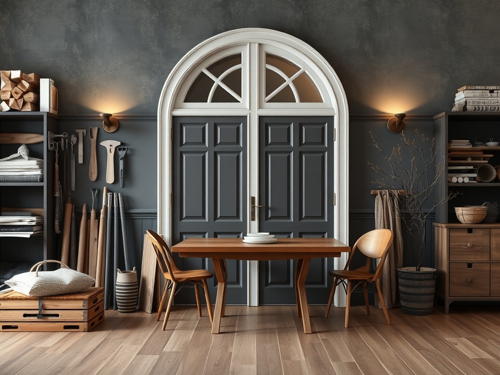 Уютный интерьер с деревянным столом, стульями, книжными полками и серой дверью с аркой.