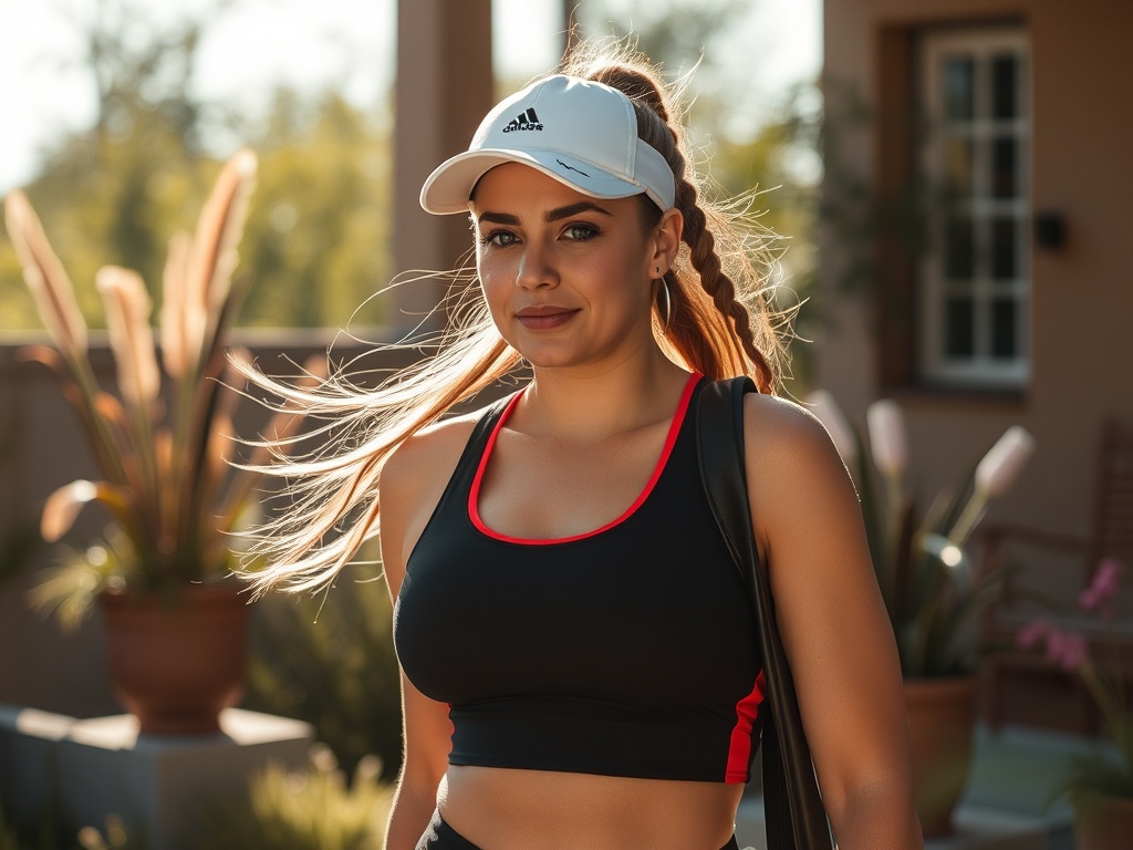 На изображении девушка в спортивной одежде и кепке, улыбается, на фоне зелени и дома.
