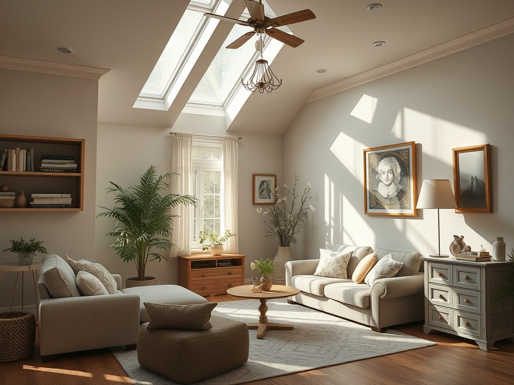 Светлая гостиная с большими окнами, мягкой мебелью и зелеными растениями, создающая уютную атмосферу.