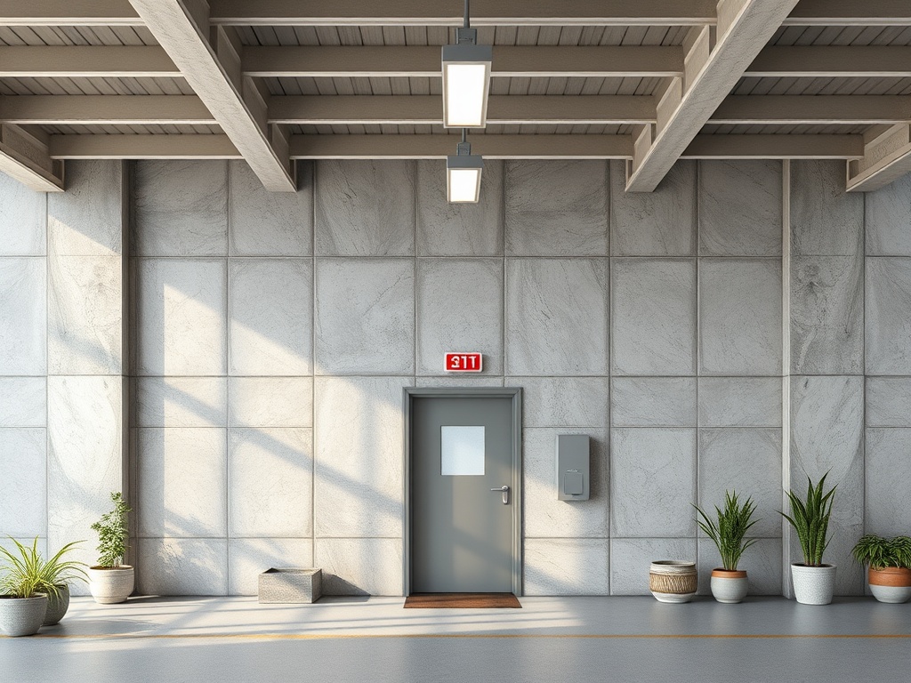 Стена с серыми плитами, дверь с табличкой "Выход", светильники и растения в горшках у пола.