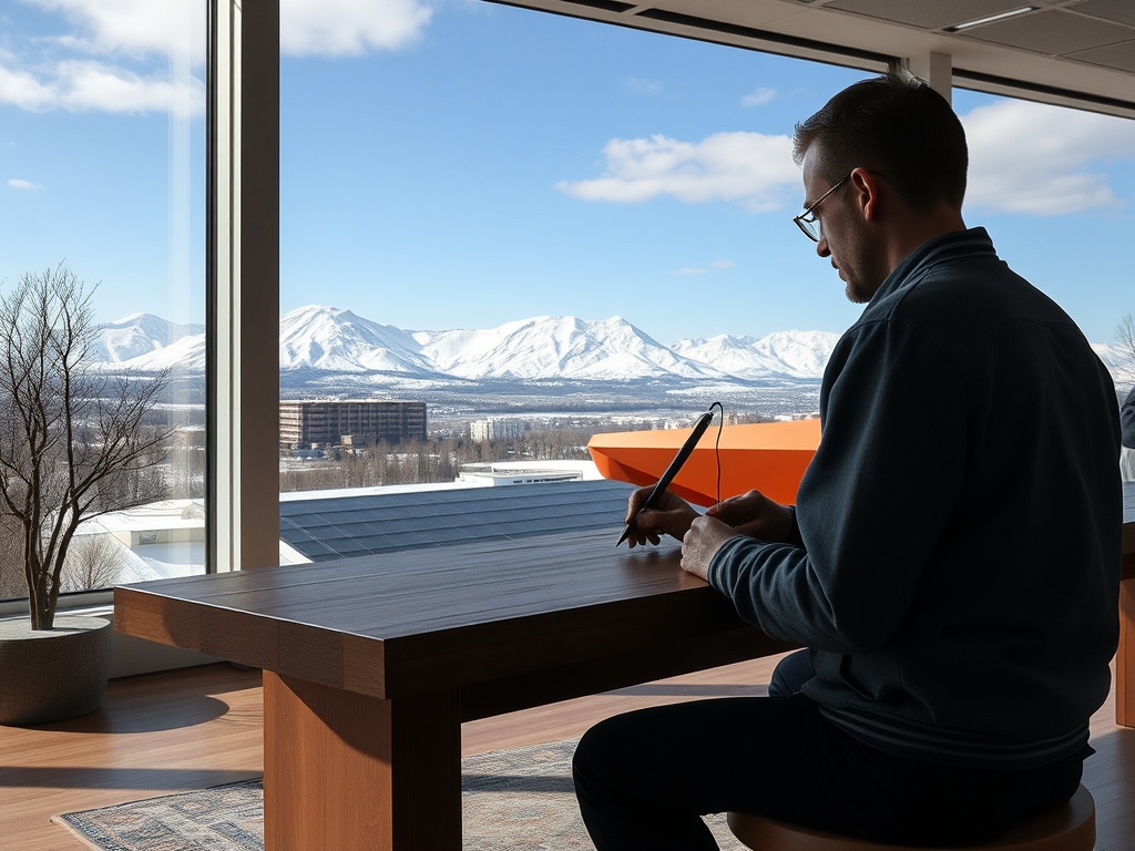 На фоне снежных гор человек сидит за столом и что-то пишет. Окно открывает красивый вид на природу.
