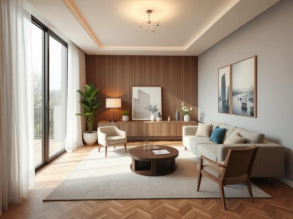 Современный интерьер с диваном, креслами и большими окнами, пропускающими свет, в уютной комнате.