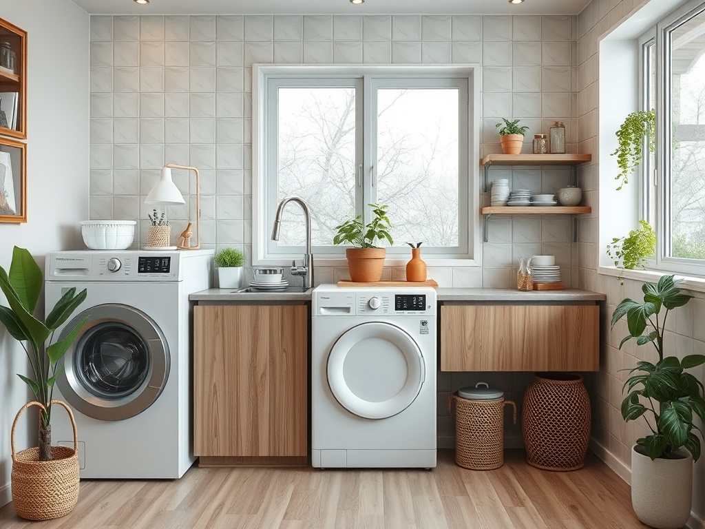 Современная прачечная с белыми стиральной и сушильной машинами, столешницей и зелеными растениями.